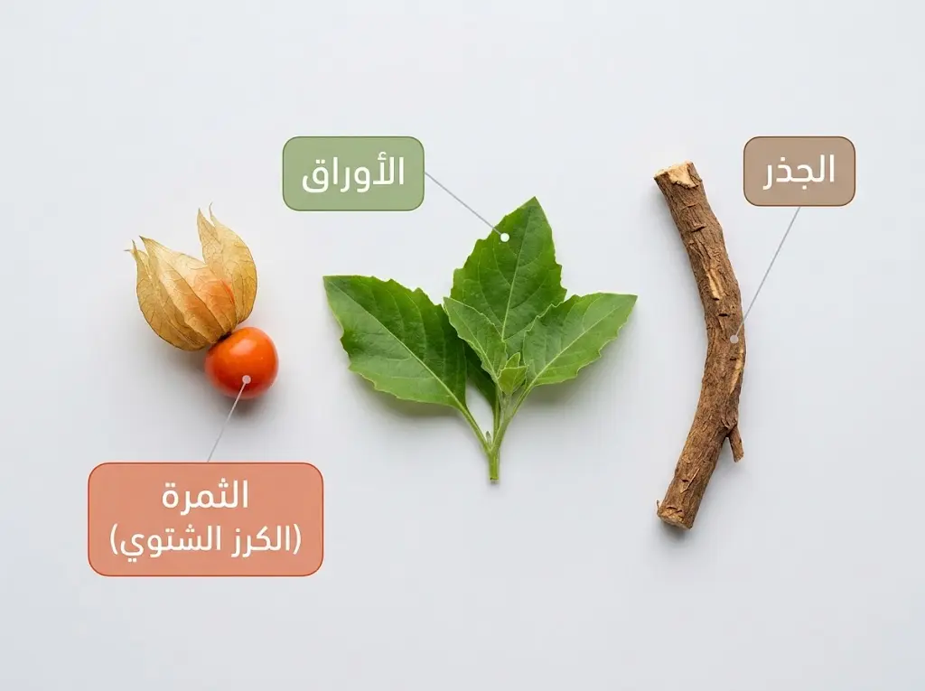 الأجزاء النباتية الثلاثة لنبات الأشواغندا: الجذر والأوراق والثمرة