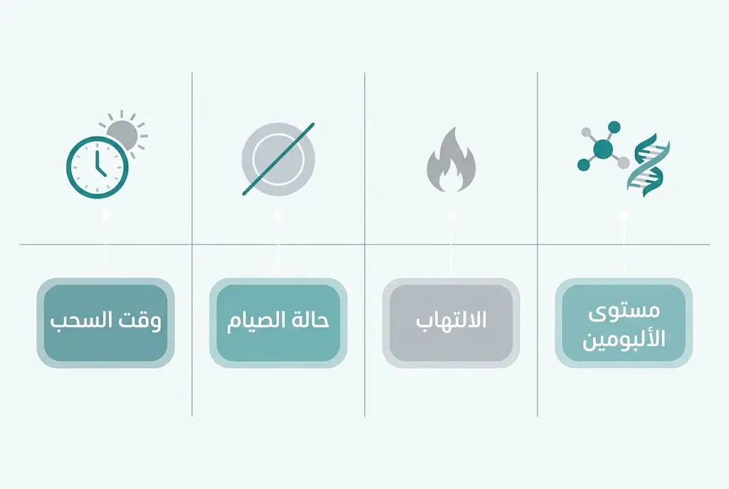 إنفوغرافيك يوضح أربعة عوامل تؤثر في قراءة نتيجة تحليل الزنك في الدم: الوقت والصيام والالتهاب والألبومين.
