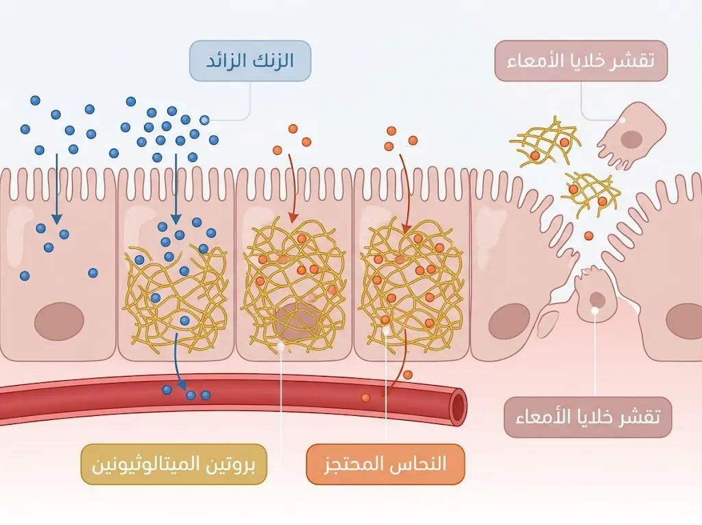 رسم علمي يوضح كيف يحجب الزنك الزائد امتصاص النحاس عبر بروتين الميتالوثيونين في خلايا الأمعاء.
