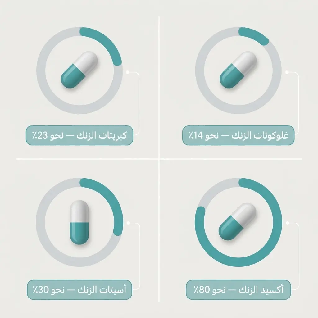 إنفوغرافيك يقارن النسبة العنصرية للزنك في أربعة أملاح شائعة: الكبريتات والغلوكونات والأسيتات والأكسيد.