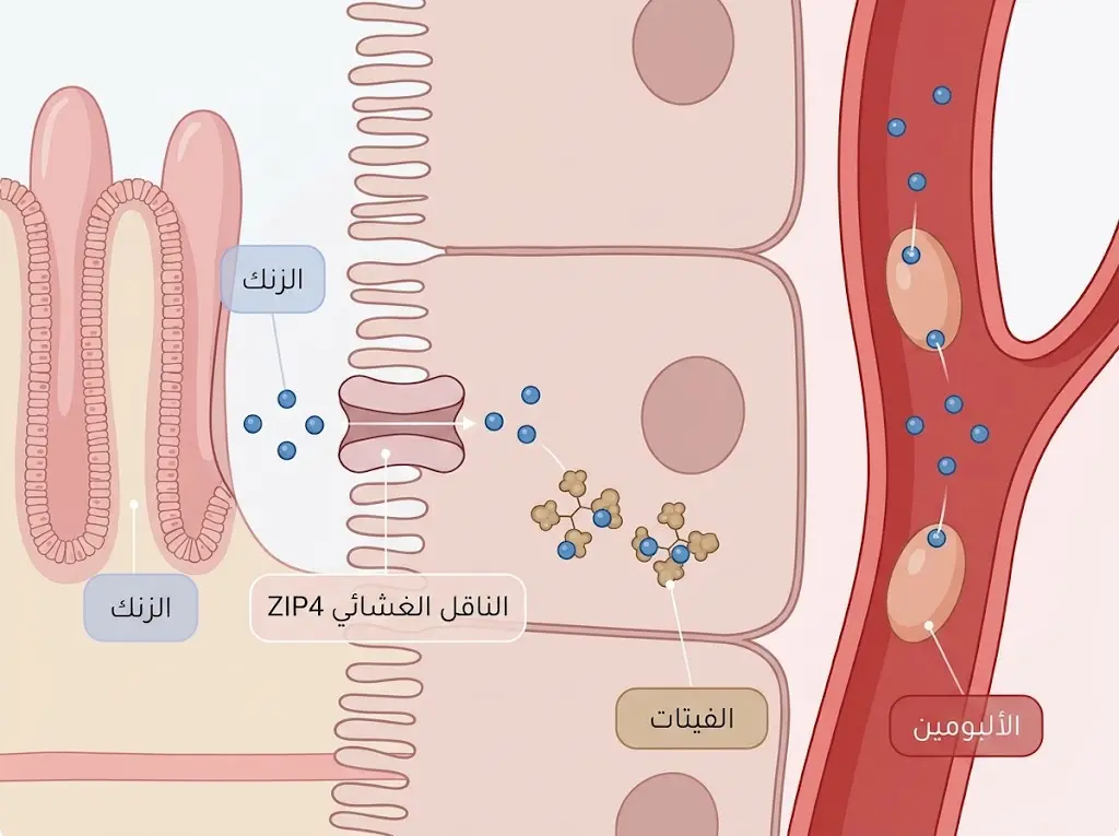رسم علمي يوضح آلية امتصاص الزنك عبر جدار الأمعاء الدقيقة وتأثير الفيتات في إعاقة هذا الامتصاص.
